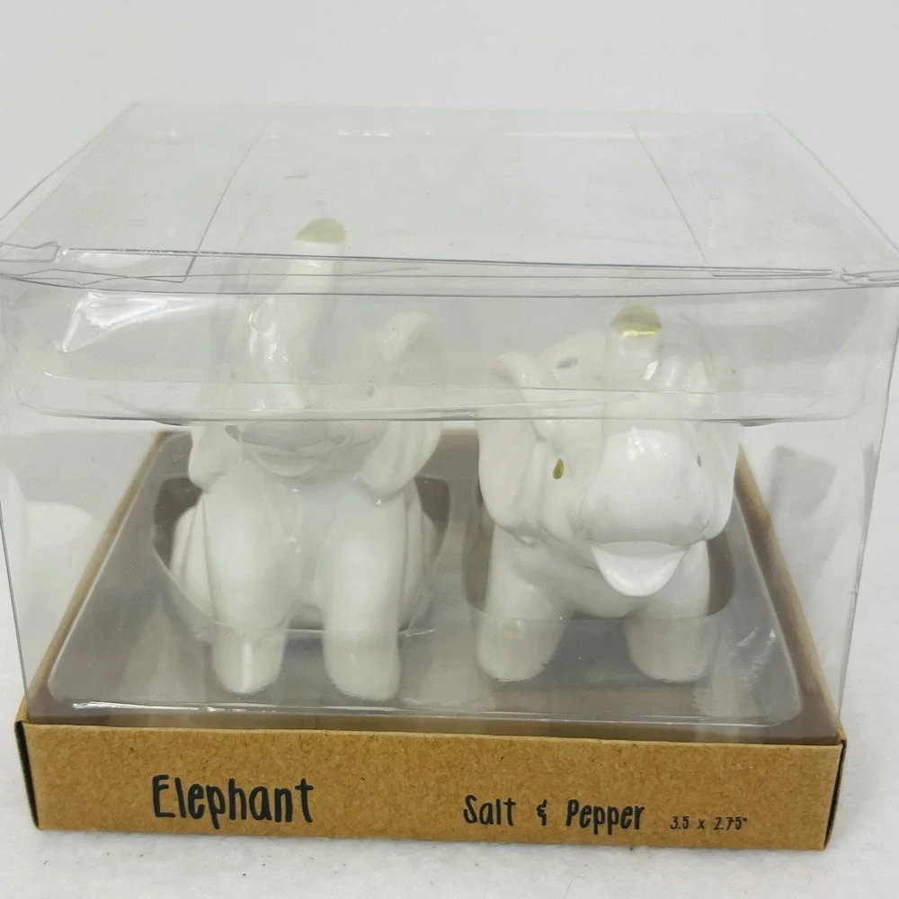 White Ceramic Elephant Salt and Pepper Shaker Set Gold Accents New in Box
